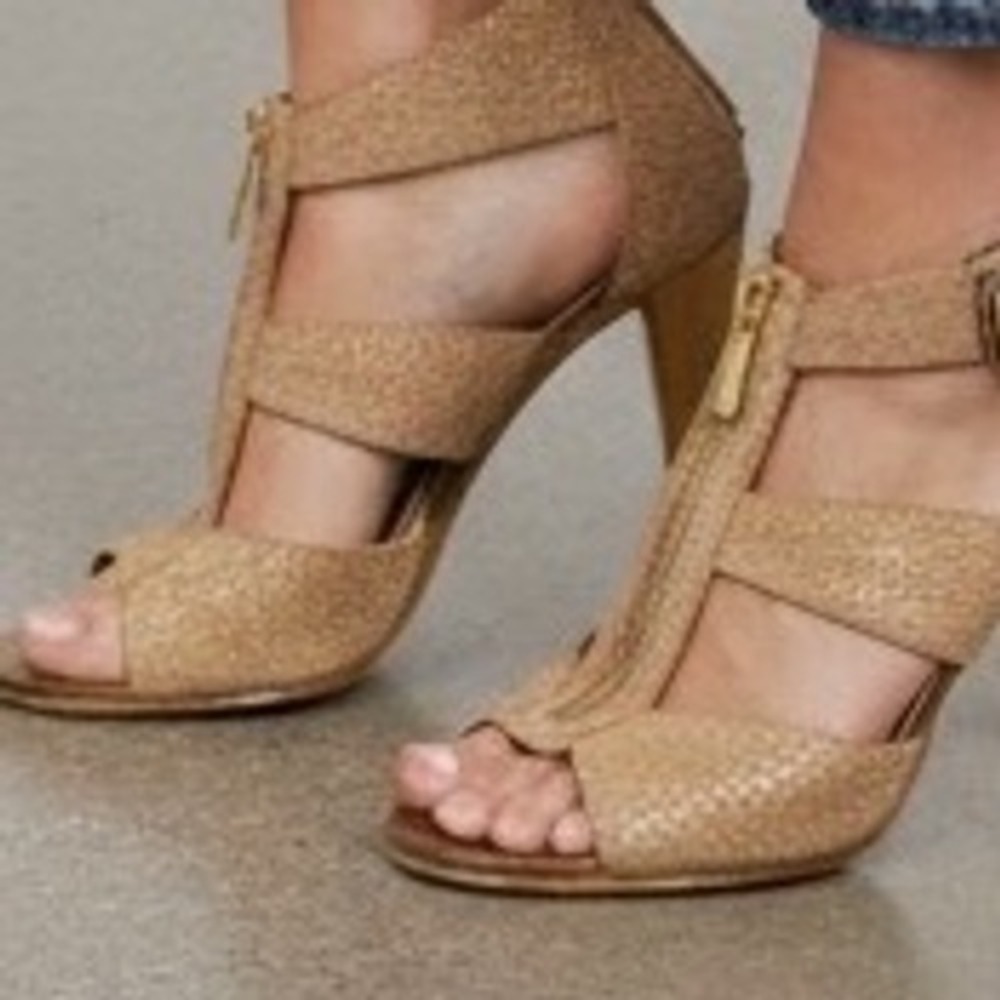 Michael Kors Snakeskin Embossed Leather Cage Sandals Tan Gold Zip Heels‎ Size 8